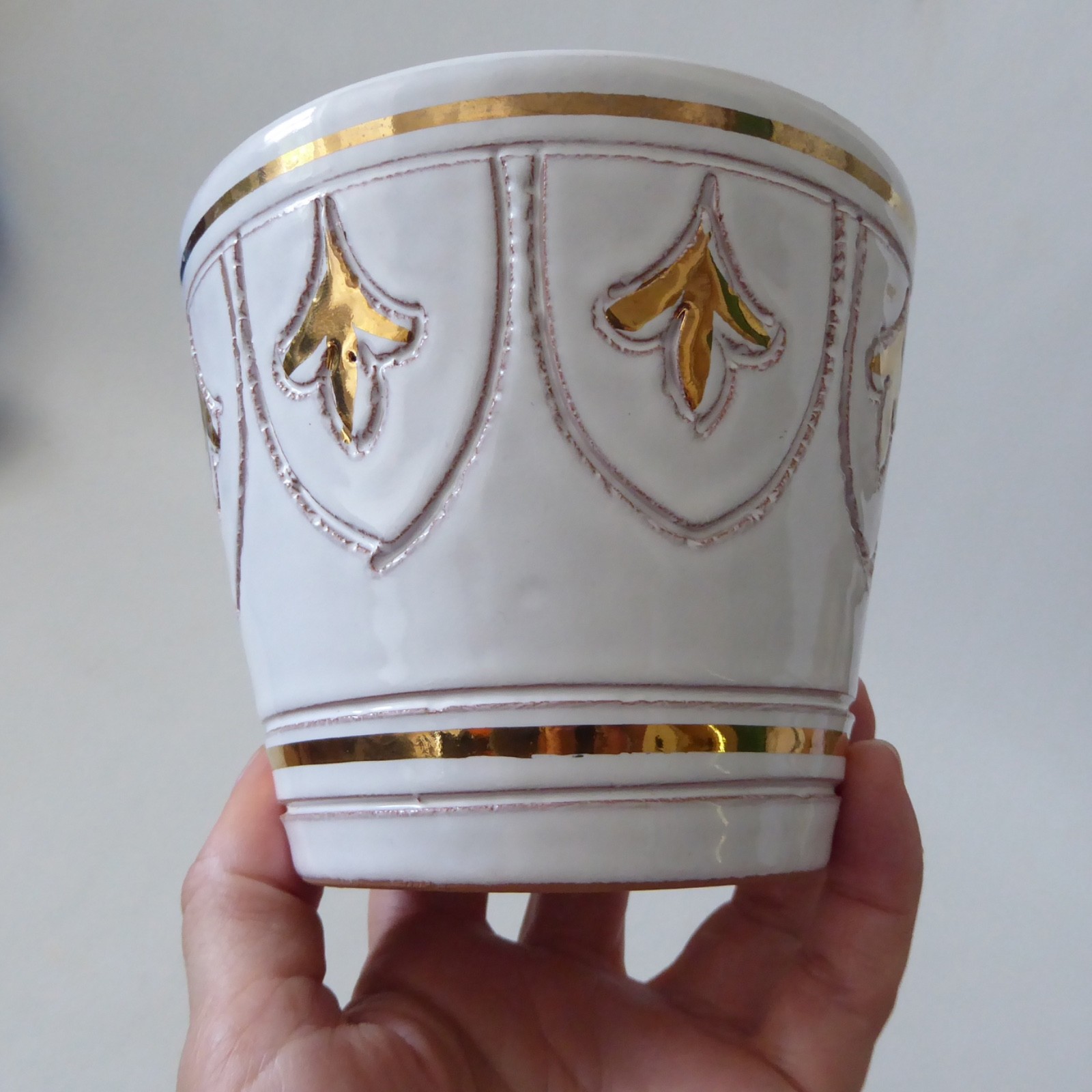 Italian plant pot planter, white & gold sgraffito pottery ceramic, vintage retro - Image 5