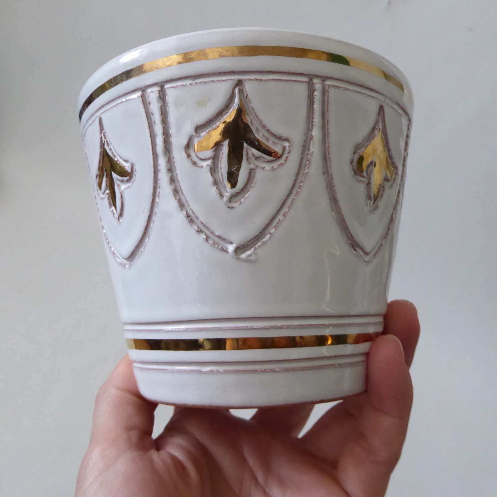 Italian plant pot planter, white & gold sgraffito pottery ceramic, vintage retro - Image 6