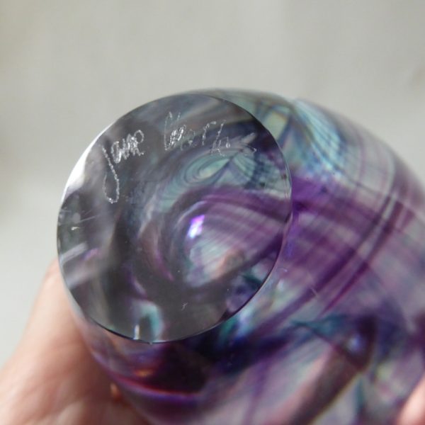 Jane Charles signed handmade art glass perfume scent bottle + stopper. Purple - Image 12