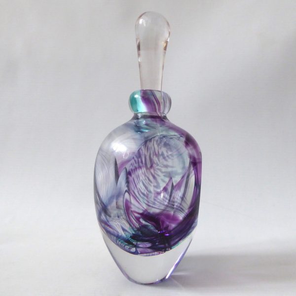 Jane Charles signed handmade art glass perfume scent bottle + stopper. Purple - Image 3