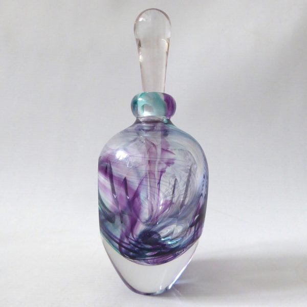 Jane Charles signed handmade art glass perfume scent bottle + stopper. Purple - Image 4