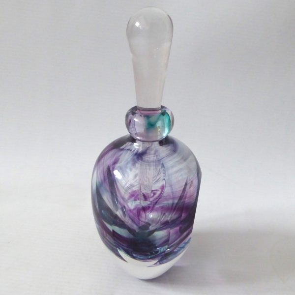Jane Charles signed handmade art glass perfume scent bottle + stopper. Purple - Image 5