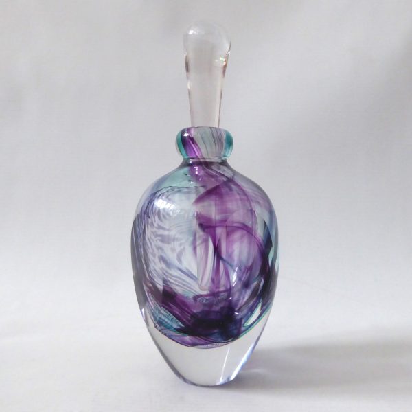 Jane Charles signed handmade art glass perfume scent bottle + stopper. Purple