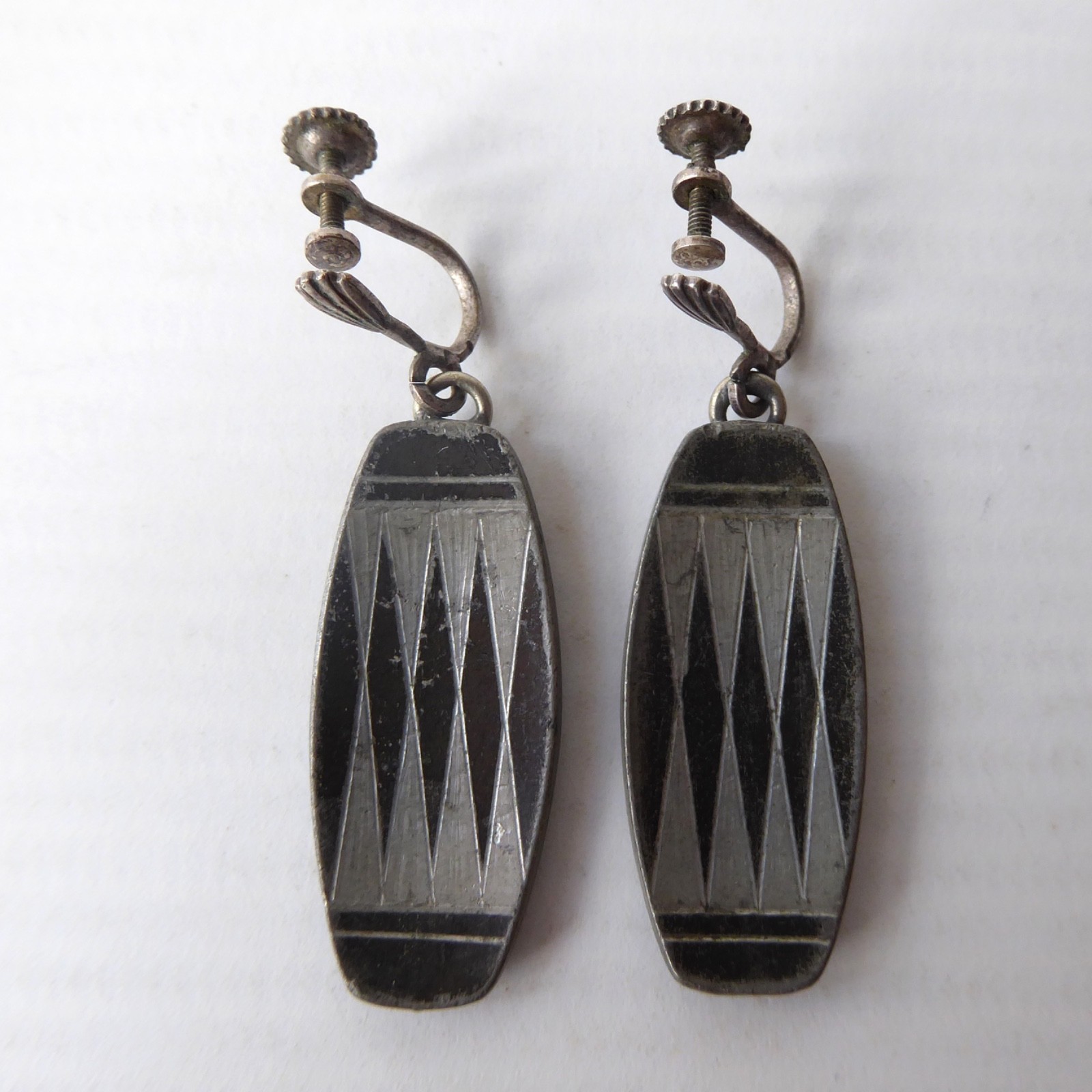 Jorgen Jensen 773 Denmark vintage earrings, black/silver diamond pewter. Clip on - Image 6