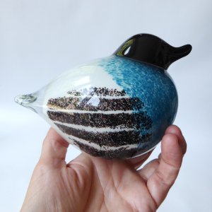 Large art glass bird, blue black figurine. Sculpture figure paperweight. Blown