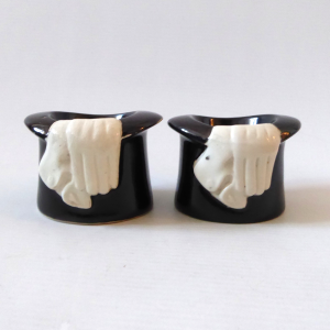 Leo Bonassera Rye 2x egg cups, 1980s vintage, top hat & gloves, black and white