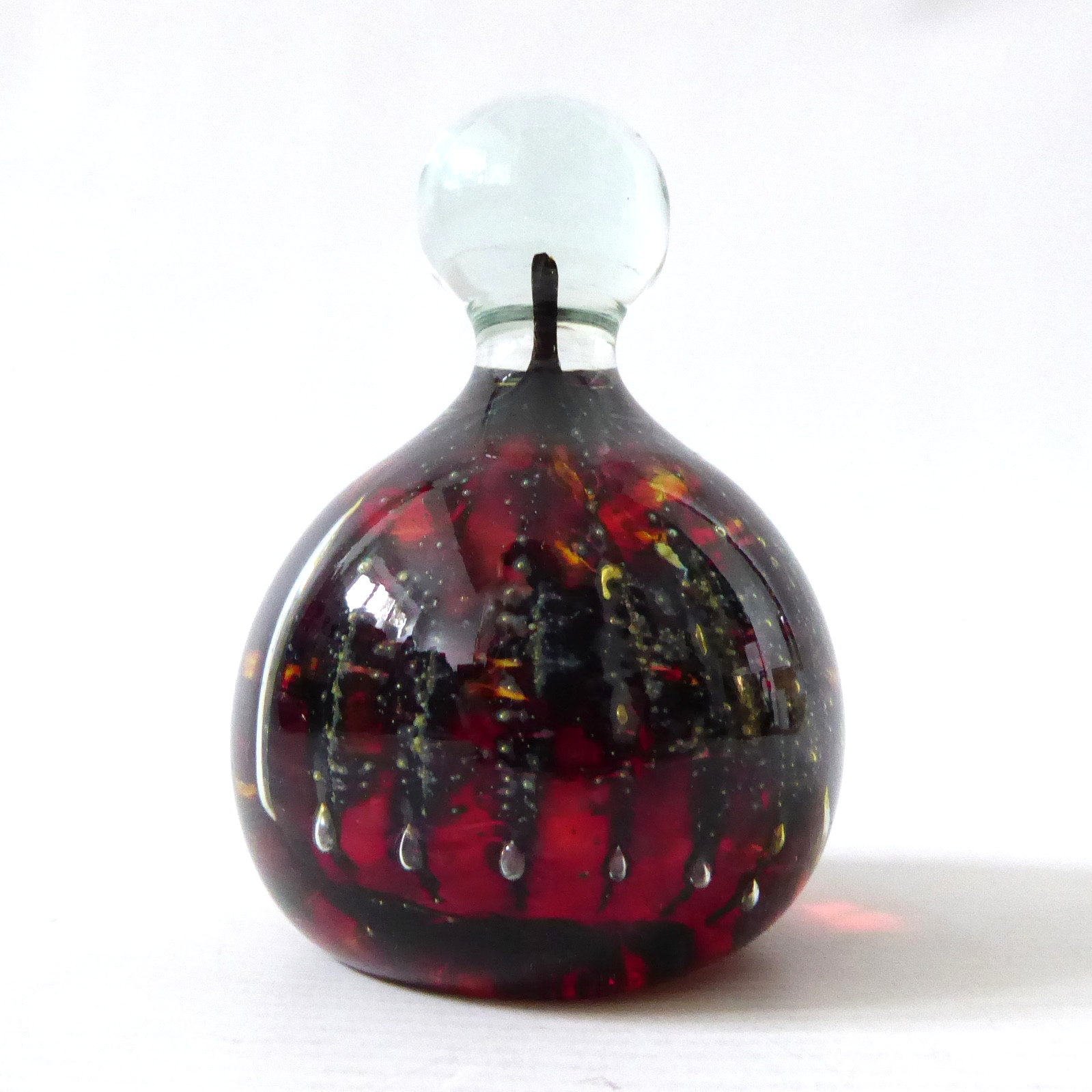 Mdina vintage glass paperweight + top knob. Red black gold bubble stripes. Malta