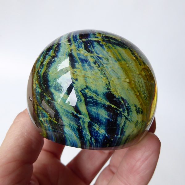Mdina vintage paperweight round glass orb. Sea & Sand, blue + gold trails. Malta - Image 12