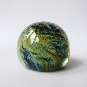 Mdina vintage paperweight round glass orb. Sea & Sand, blue + gold trails. Malta