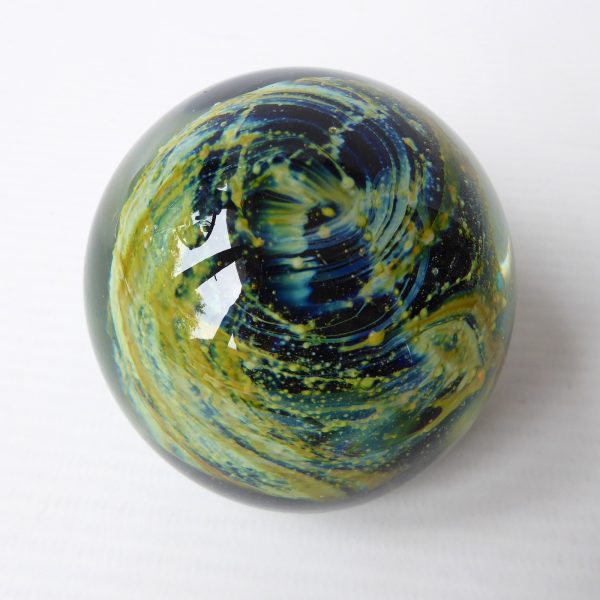 Mdina vintage paperweight round glass orb. Sea & Sand, blue + gold trails. Malta - Image 6