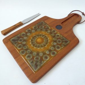 Mid-century Danish Luthje Wood Scandi teak cheese board + glazed ceramic tile