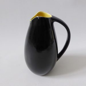 Mid century ceramic pottery art vase jug, vintage 1950s 1960s. Black + yellow