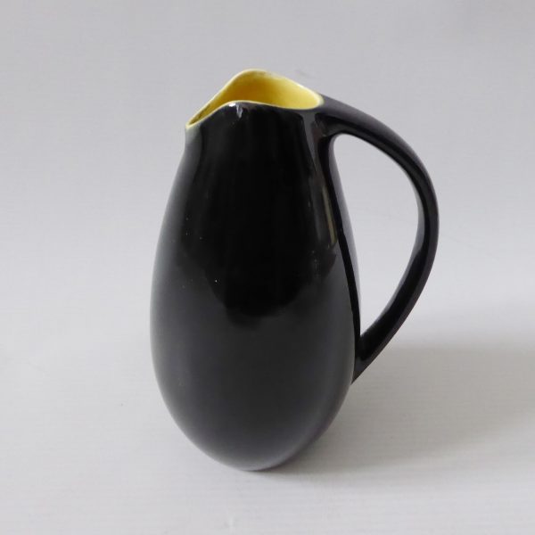 Mid century ceramic pottery art vase jug, vintage 1950s 1960s. Black + yellow