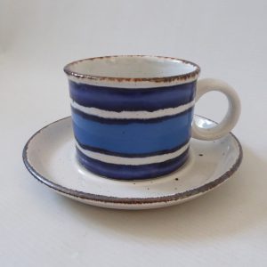 Midwinter Stonehenge Moon tea coffee cup & saucer, blue striped Creation. 1970s