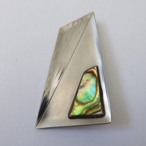 Modernist retro stainless steel & abalone shell vintage brooch, asymmetric
