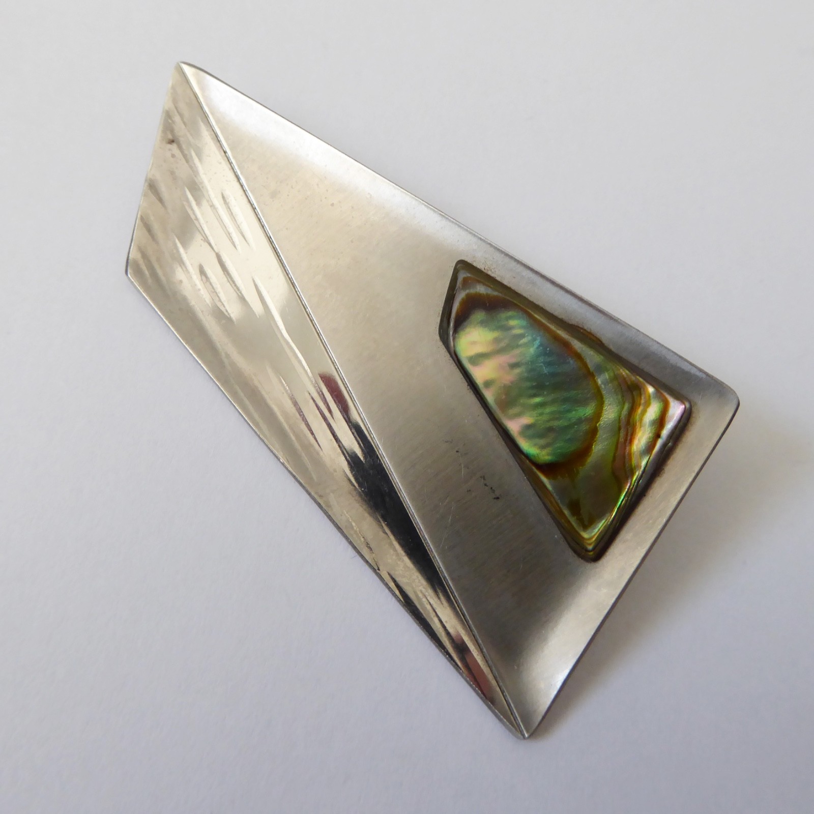 Modernist retro stainless steel & abalone shell vintage brooch, asymmetric - Image 7