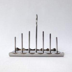 Olde Hall vintage toast rack. 1950s shiny steel 6 slice holder + carry handle
