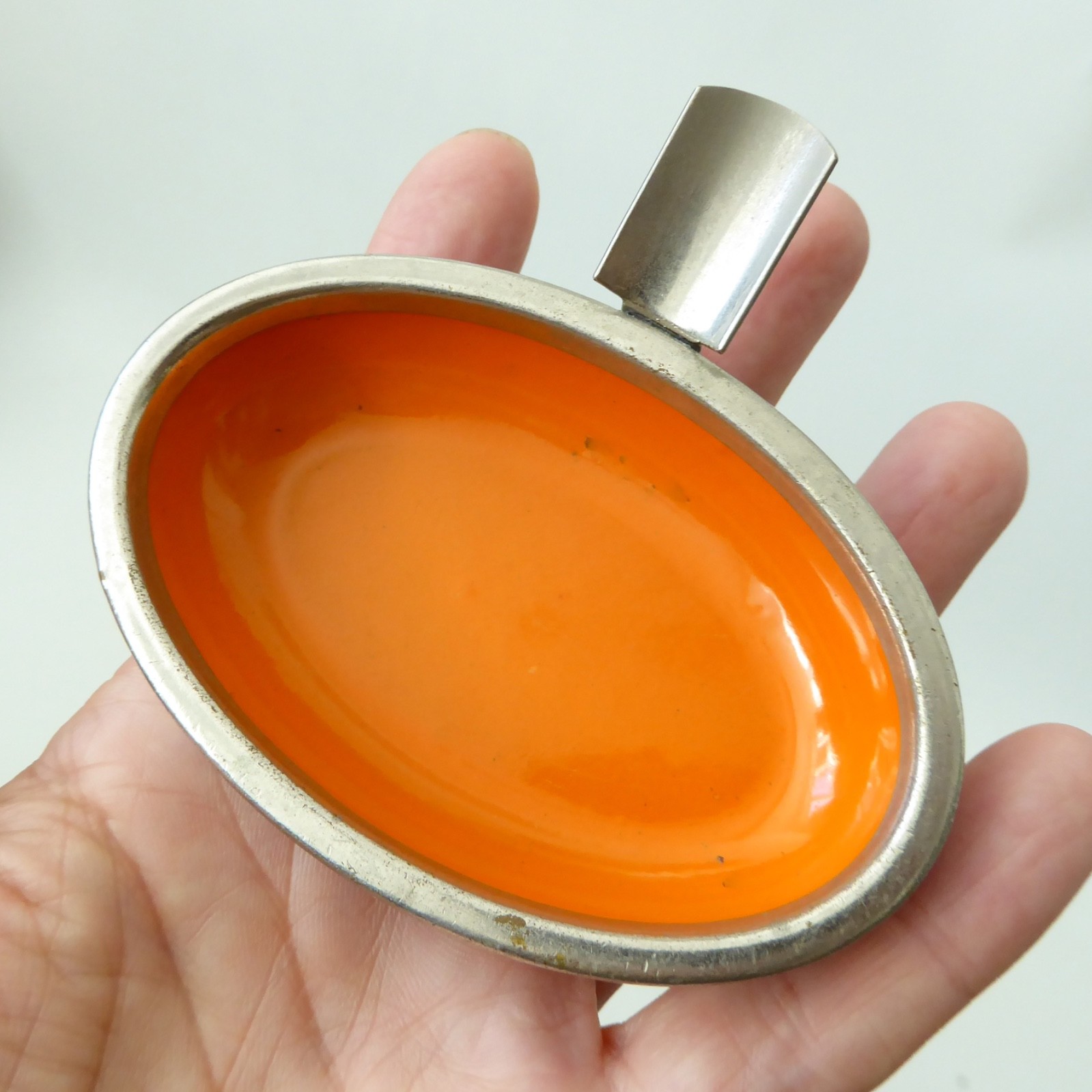 Orange enamel & silver chromed metal ashtray, retro vintage 1960s oval, minimal - Image 2