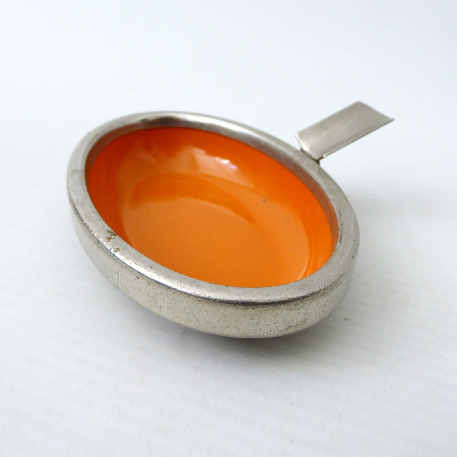 Orange enamel & silver chromed metal ashtray, retro vintage 1960s oval, minimal - Image 3