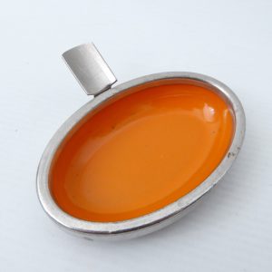 Orange enamel & silver chromed metal ashtray, retro vintage 1960s oval, minimal