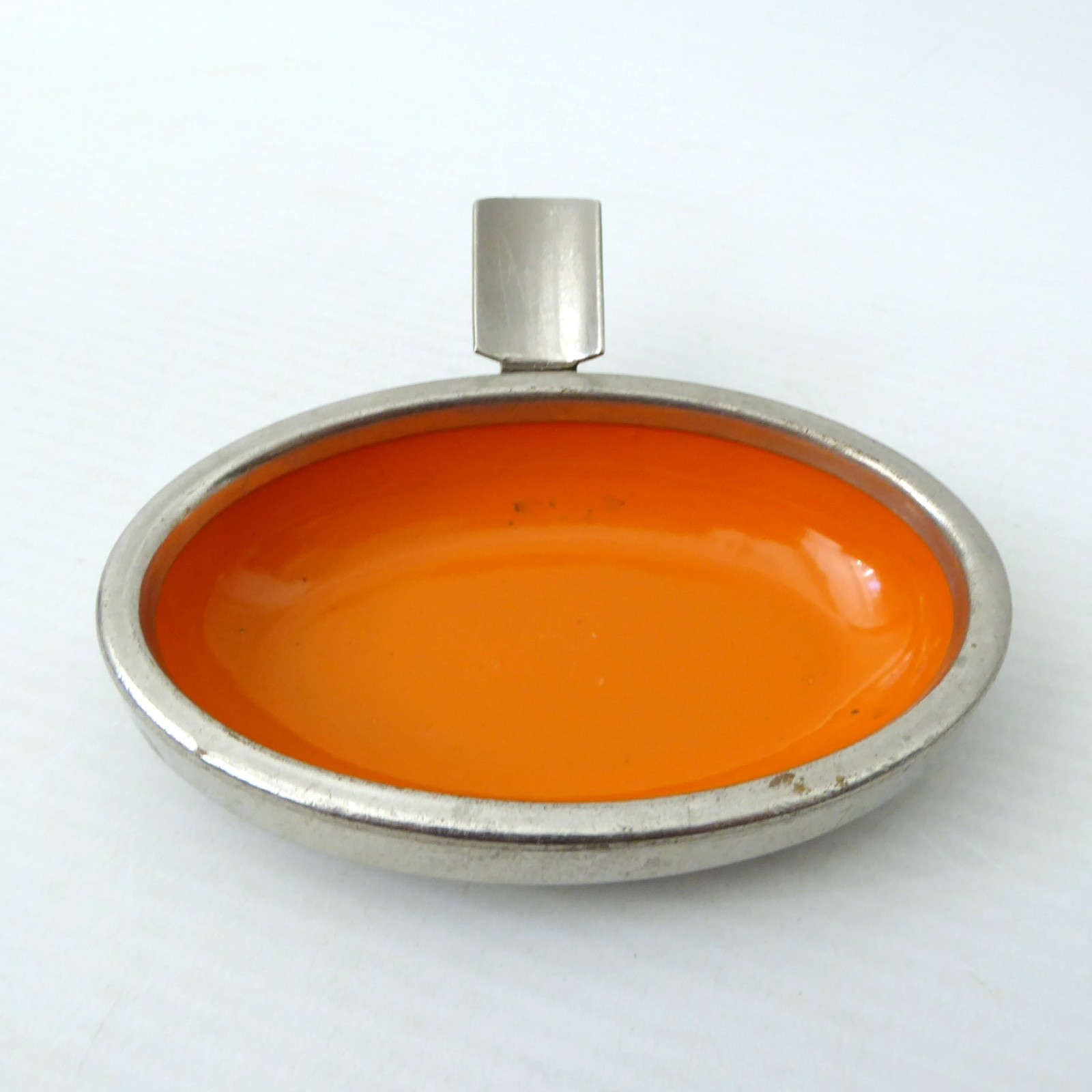 Orange enamel & silver chromed metal ashtray, retro vintage 1960s oval, minimal - Image 4