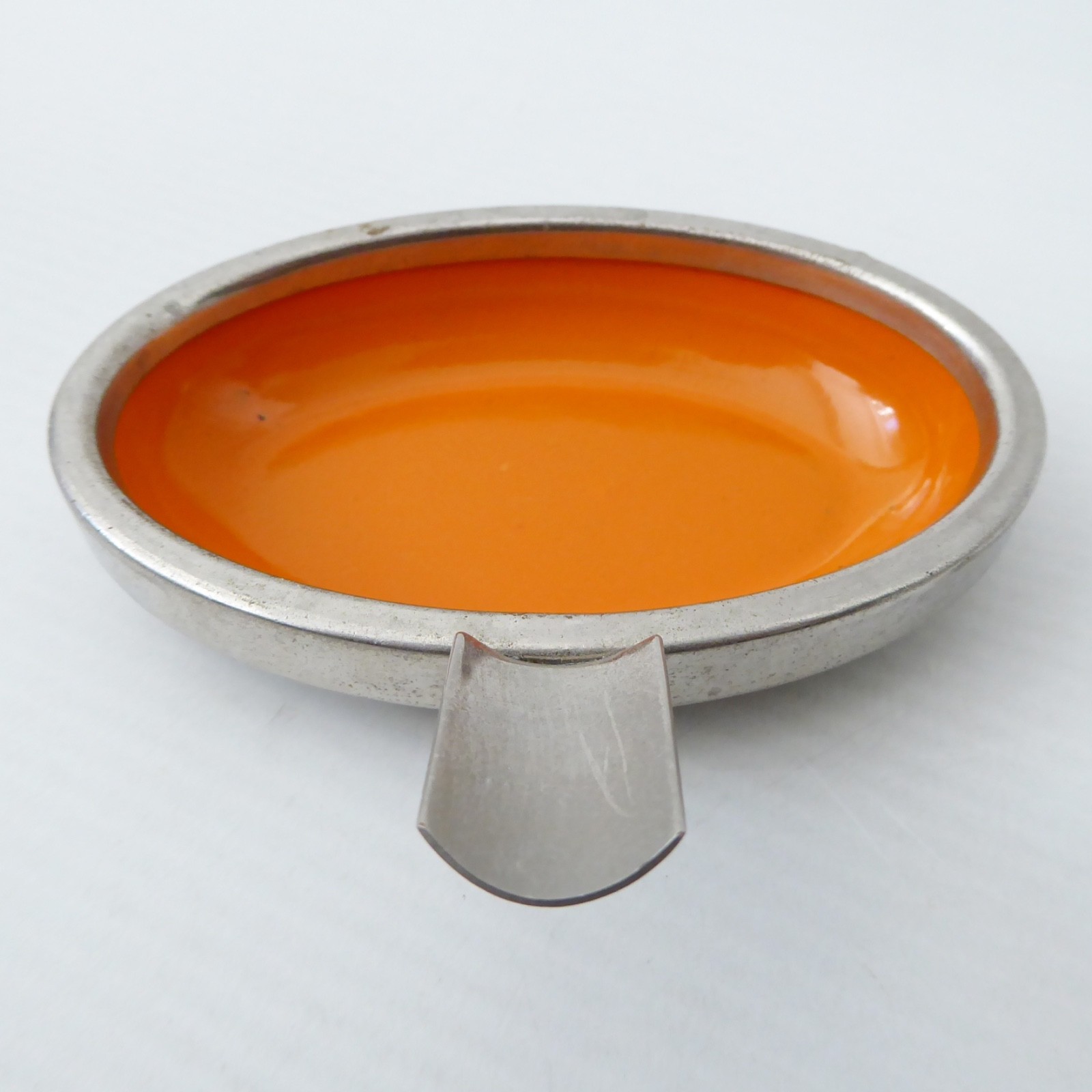 Orange enamel & silver chromed metal ashtray, retro vintage 1960s oval, minimal - Image 6