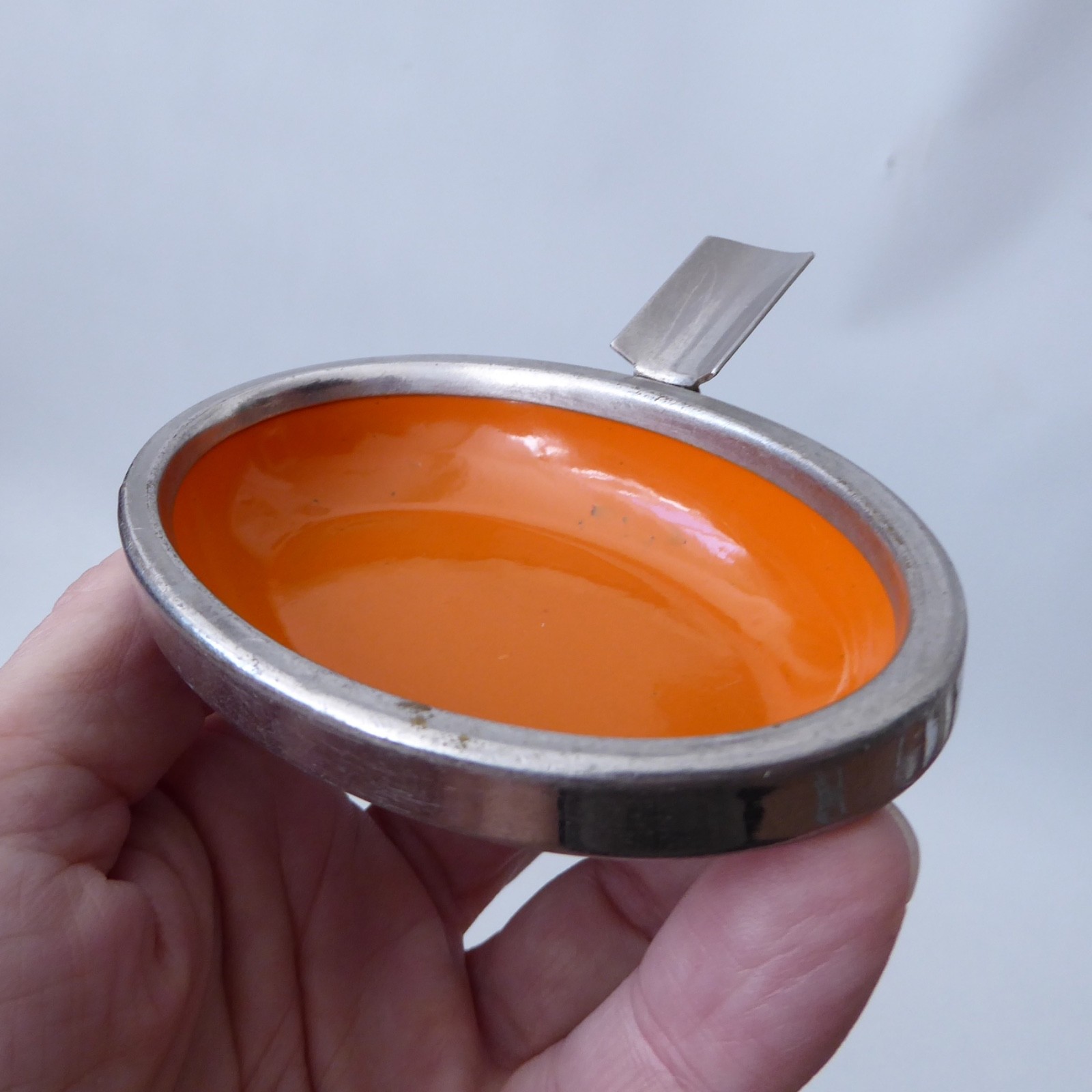 Orange enamel & silver chromed metal ashtray, retro vintage 1960s oval, minimal - Image 8