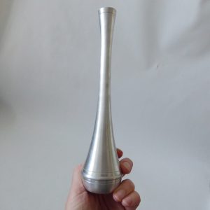 Oriental Pewter tall slim bud vase, silver coloured metal. Vintage modernist 70s