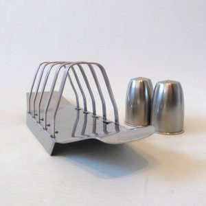 RNG vintage modernist stainless steel toast rack & Old Hall salt pepper shakers
