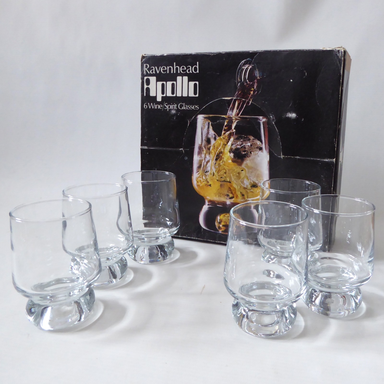 Ravenhead Apollo 1970s 140ml wine or spirit glasses, original box. Retro vintage