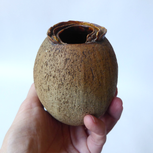 Signed CP vintage studio pottery oval vase, handmade thrown stoneware ripple rim