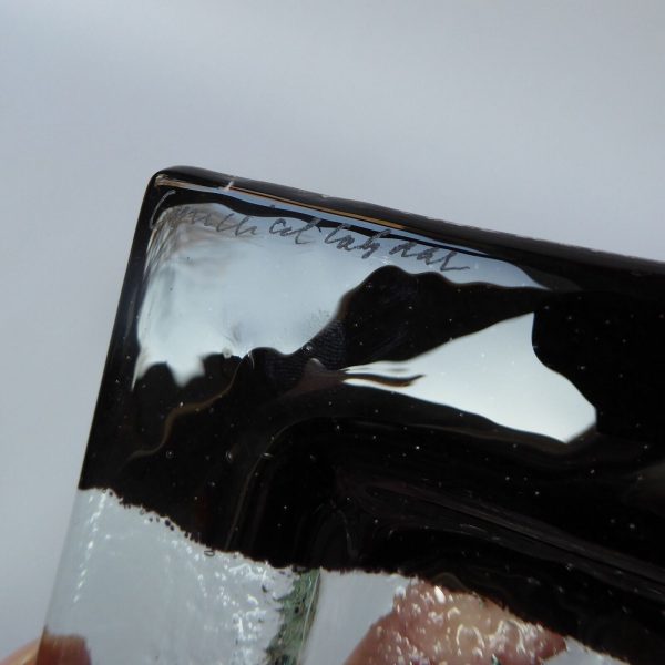 Signed hand made fused glass dish, square black, white & red. Vintage artisan 4" - Image 12