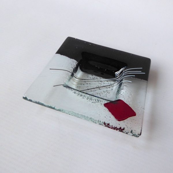 Signed hand made fused glass dish, square black, white & red. Vintage artisan 4" - Image 3