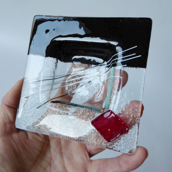 Signed hand made fused glass dish, square black, white & red. Vintage artisan 4" - Image 4