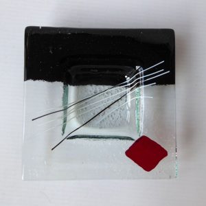 Signed hand made fused glass dish, square black, white & red. Vintage artisan 4"