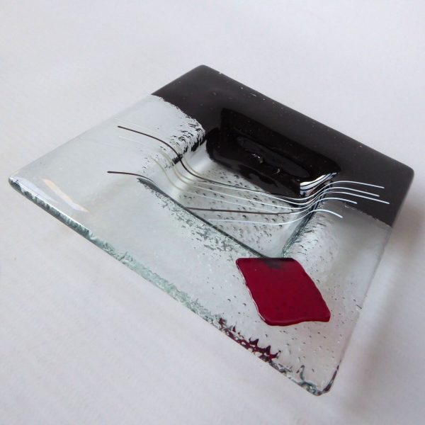Signed hand made fused glass dish, square black, white & red. Vintage artisan 4" - Image 5