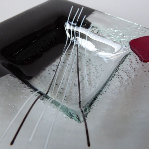 Signed hand made fused glass dish, square black, white & red. Vintage artisan 4" - Image 6