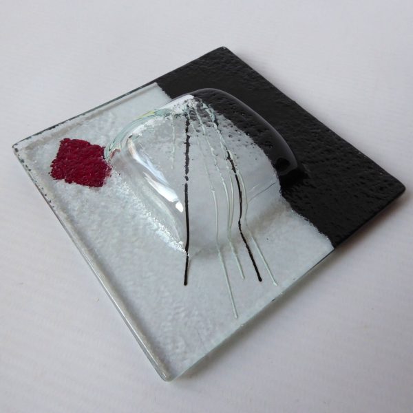 Signed hand made fused glass dish, square black, white & red. Vintage artisan 4" - Image 7