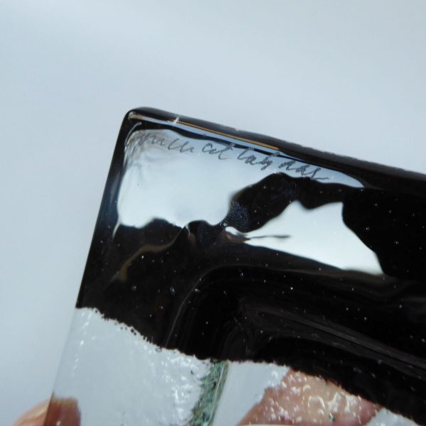 Signed hand made fused glass dish, square black, white & red. Vintage artisan 4" - Image 9