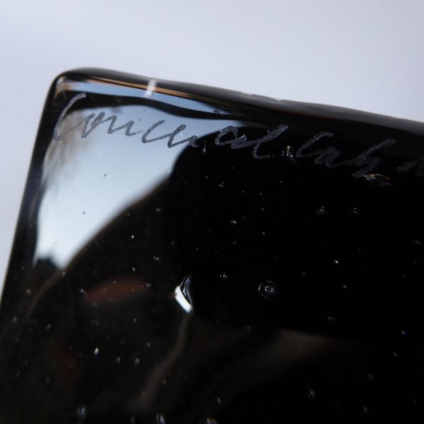 Signed hand made fused glass dish, square black, white & red. Vintage artisan 4" - Image 10
