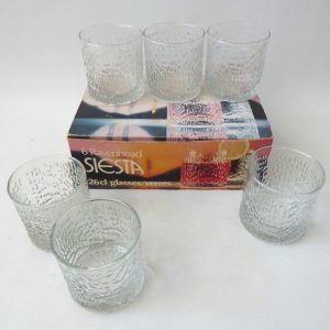 Six boxed Ravenhead Siesta 26cl tumblers. Vintage bark ice textured glass 1970s