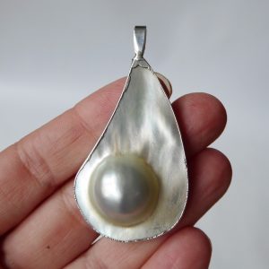 Sterling silver white blister pearl pendant 4 necklace, big teardrop shape shell