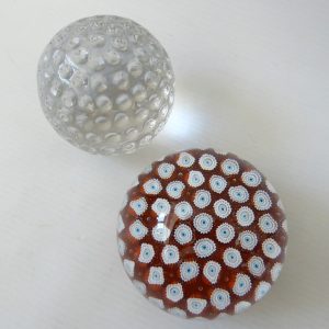Two vintage art glass round paperweights, Murano Millefiori & crystal golf ball