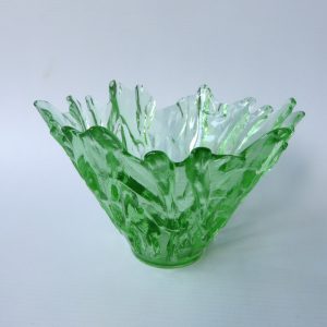Vetreria Lux vintage Italian pressed art glass candy bowl, bark textured. Green