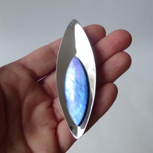 Vintage 1970s modernist long stainless steel & blue abalone brooch, space age