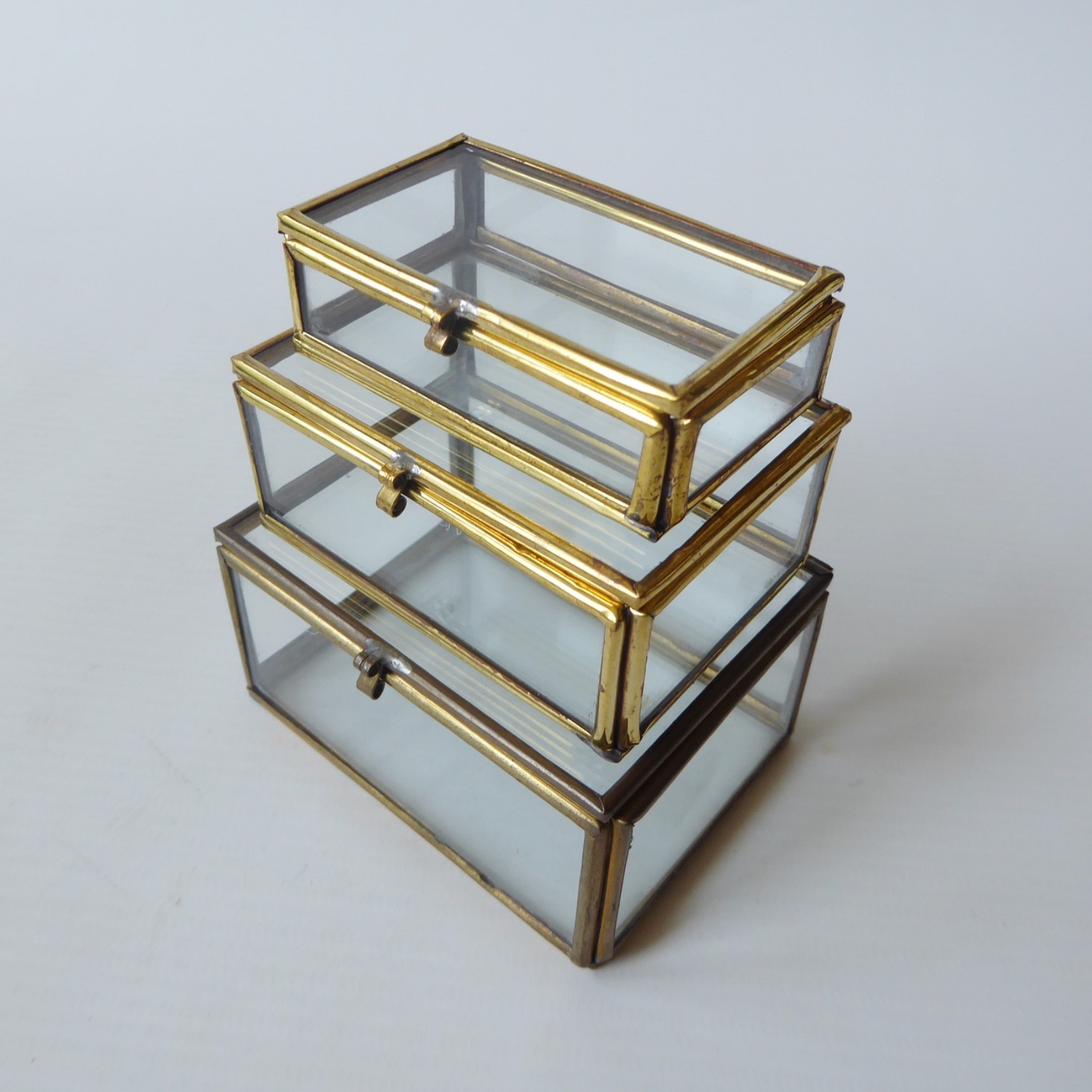 Vintage 3 glass trinket display boxes set, brass framed. Box in a box in a box!