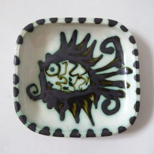 Vintage 70s Celtic Newlyn Pottery fish pin dish, square black and white ceramic