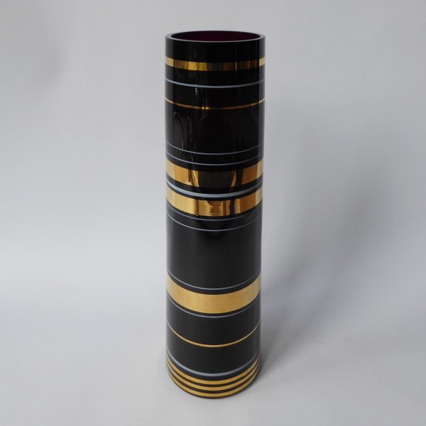 Vintage Borske Sklo art glass tapered vase, gold gilded purple black. Czech 60s - Image 3