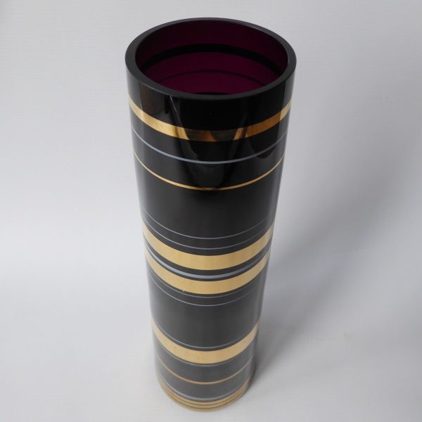 Vintage Borske Sklo art glass tapered vase, gold gilded purple black. Czech 60s - Image 4