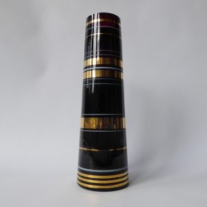 Vintage Borske Sklo art glass tapered vase, gold gilded purple black. Czech 60s